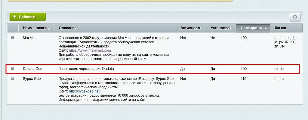 Обработчик геолокации Dadata