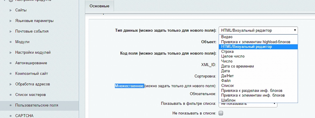 Пользовательское свойство тип HTML/Визуальный редактор