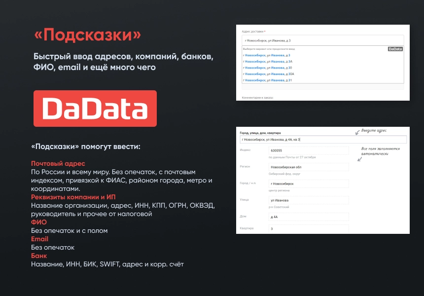 Подсказки по ФИО, адресам и реквизитам компаний на странице заказа Dadata.ru