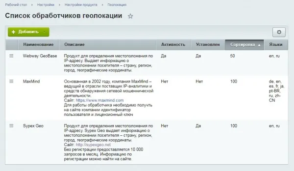 геопределитель (определение местоположения, города по ip) для битрикс