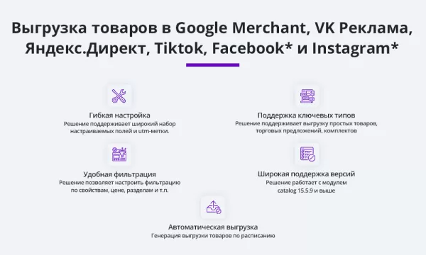 выгрузка товаров в google merchant, vk реклама, яндекс директ, facebook* instagram* экспорт каталога на битриксе выгрузка товаров в google merchant, vk реклама, яндекс директ, facebook* instagram* экспорт каталога для битрикс